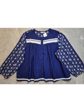 Logo Lavish Embroidered Crochet Lace Boho Tunic Top Snap Up Pockets Blue 2X New